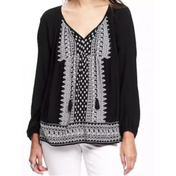 NWT Old Navy Boho Crinkle Gauze Swing Top L Black Peasant Long Sleeve Blouse - Picture 1 of 7